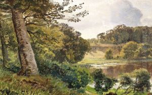 Septemberlandskab med traeer ved en so. by Janus Andreas Bartholin La Cour