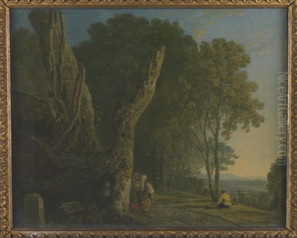 Wooded hill with two gypsy women on a road. - view 1