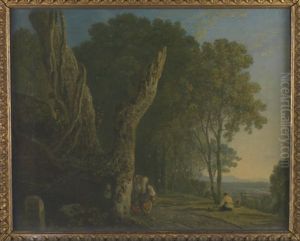 Wooded hill with two gypsy women on a road. by Richard Wilson