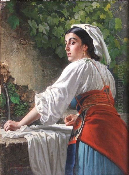 Italian girl by a fountain - view 1