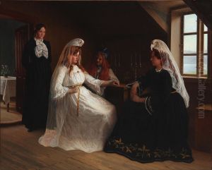 Interior with a bride and other women of Iceland at a table. by Aage Exner