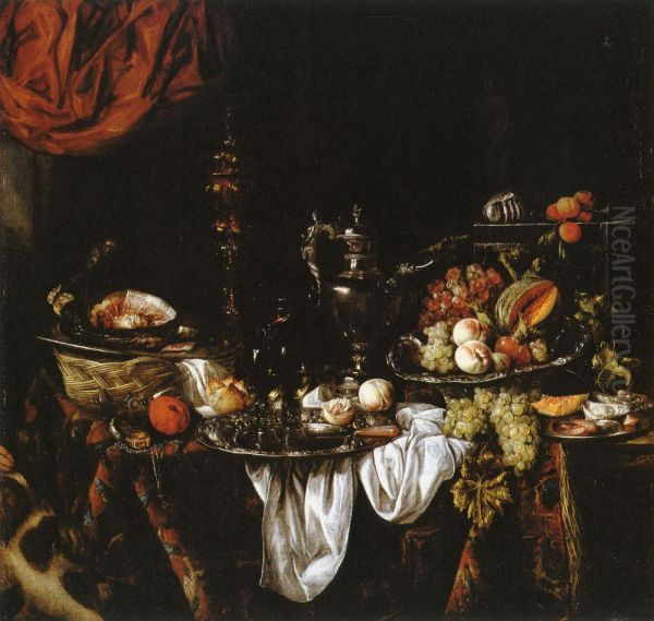 Still life on a draped table with a sculpture of Venus in a niche behind a curtain - view 1