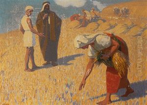 Weizenernte mit Ahrenleserin Ruth by Gebhard Fugel
