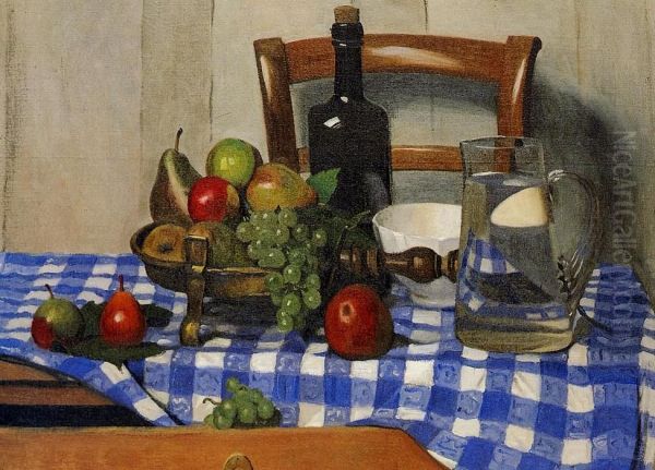 Nature morte avec nappe a carreaux bleus - view 1