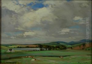 Cows In A Meadow With Rolling Hills Beyond by James Campbell Mitchell