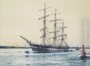 The square-rigged Australian windjammer and, later, celebrated sail training ship Illawarra lying on her mooring at sunset The square-rigged Australian windjammer and, later, celebrated sail training ship Illawarra lying on her mooring at sunset