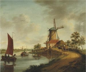 View of a trekschuit and windmill along the Vliet