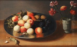 Peaches, pears, nuts and a vase of carnations on a table top by Jacob van Es