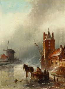 Pferdeschlitten auf dem Eis mit Muhle im Hintergrund. by Jan Jacob Coenraad Spohler