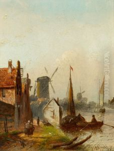 Hauser und Muhle an einem Fluss mit Booten Hauser und Muhle an einem Fluss mit Booten