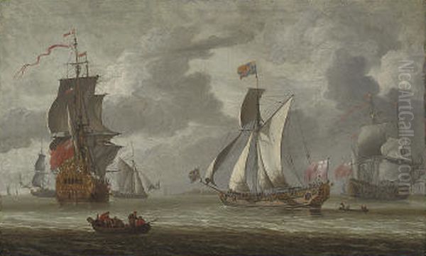 The Royal YachtCleveland, with King Charles II aboard, arriving to inspect the flagship at the Nore - view 1