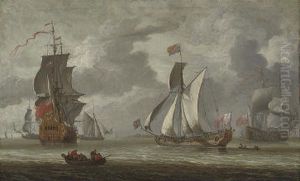 The Royal YachtCleveland, with King Charles II aboard, arriving to inspect the flagship at the Nore
