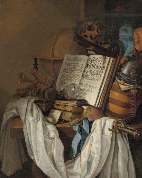 Still life with globe, instruments, books, broken roemer, skull and weapons - view 1