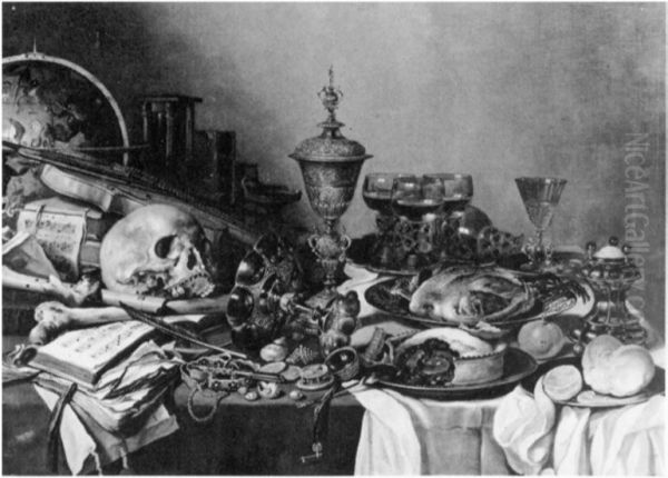 Still life with columbine cup, book, skull, globe, pie and other objects - view 1