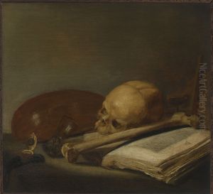 Still life with skull, bone, book, lute and watch on a ledge by Pieter Claesz