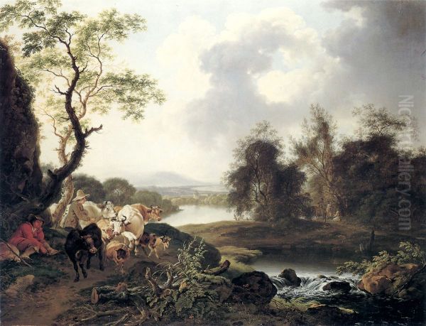 Flusslandschaft mit Wasserfall, rastendem Wanderer, Hirten mit Kuhen und Ziege sowie drei Reisenden - view 1