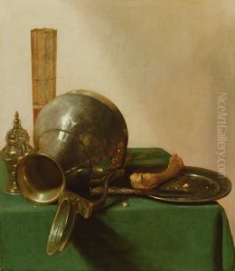 Still life with pasglas and overturned jug on a table by Jan Jansz Den Uyl
