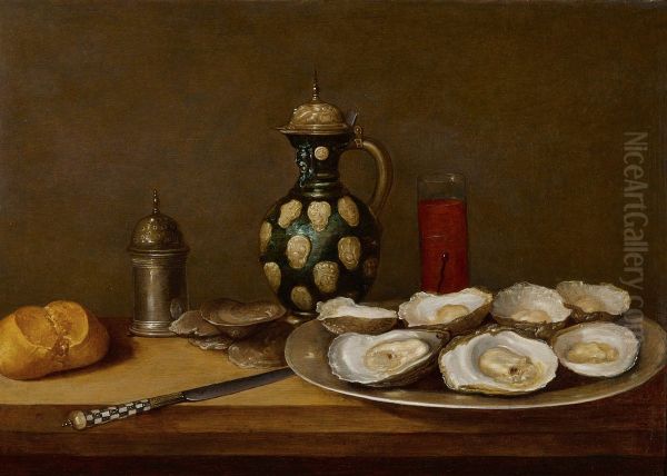 Still life with oysters, bread, a knife, drinking vessels and a caster - view 1