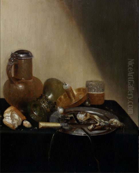 A still life of a pewter-mounted stoneware jug, an overturned roemer, a broken roll of bread, a candle in a brass stand, a glass beaker of beer, a pewter dish with fish and a knife with ivory handle on a draped table-top - view 1