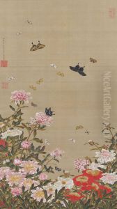 Herbaceous peonies and butterflies by Ito Jakuchu