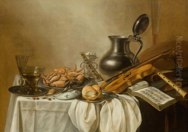 Stillleben mit Romerglas, Weinglas, Krabbe und Brot auf einer Platte mit einer Violine und einer Flote auf einem Tisch - view 1