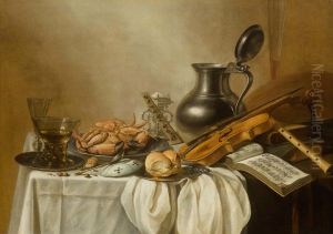 Stillleben mit Romerglas, Weinglas, Krabbe und Brot auf einer Platte mit einer Violine und einer Flote auf einem Tisch