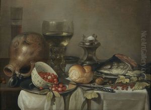 Nature mort avec bol de fraises, romer, tete de poisson et saliere by Pieter Claesz