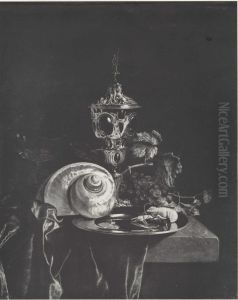 Still life with covered beaker and nautilus shell by Paulus van den Bosch