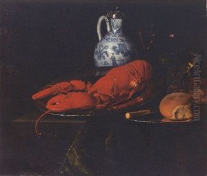 Still life with lobster, bread, knife, pewter plate, and roemer on a draped ledge