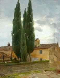 Italiensk landskab med kloster og pinjetraeer.