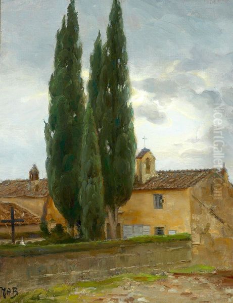 Italian landscape with a monastry and pine trees. - view 1