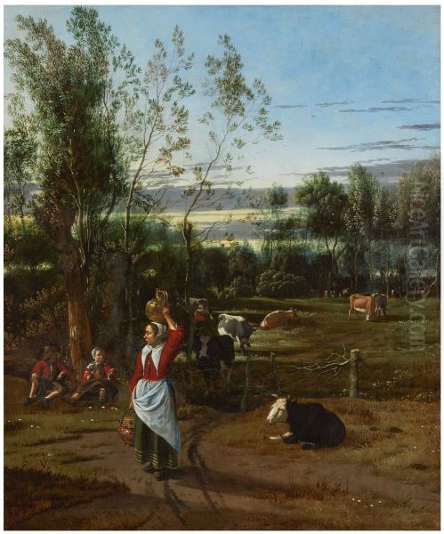 A Milkmaid and Children in a Field, Cattle Grazing beyond - view 1