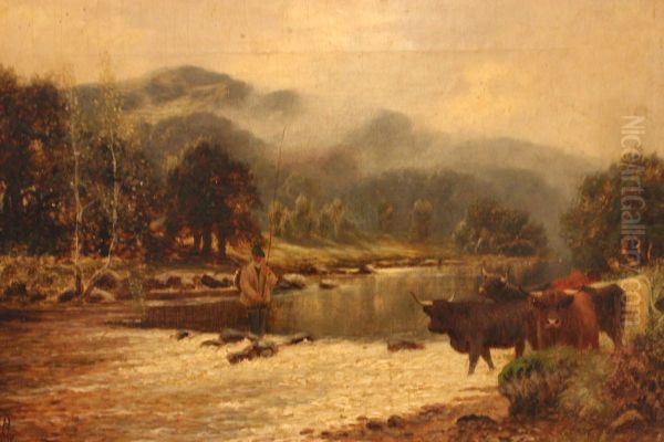 Highland cattle and fly fisherman - view 1