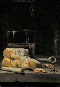 Still life of bread, prawns, a pipe and a glass of beer arranged on a table Still life of bread, prawns, a pipe and a glass of beer arranged on a table