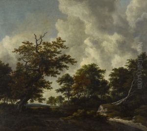 Bosky landscape with a large oak and two fallen beeches by a waterfall by Jacob Van Ruisdael