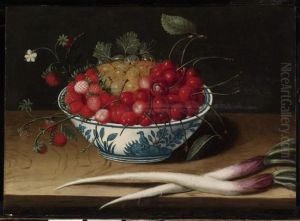Stilleven van een kom met vruchten en een paar schorseneren by Abraham Gibbens