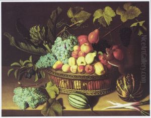 Still life with a basket of fruit, vegetables and a squirrel by Abraham Gibbens