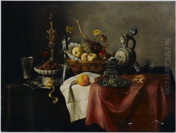Still life with gilt beaker in a bowl of walnuts and a basket of fruit with other objects on a table - view 1