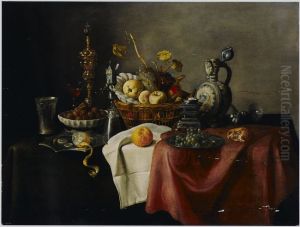 Still life with gilt beaker in a bowl of walnuts and a basket of fruit with other objects on a table by Pieter Van Overschie