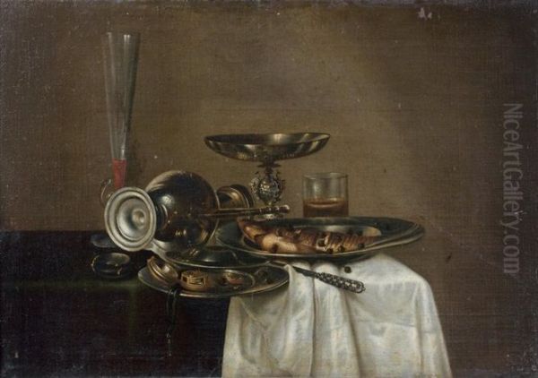 Stilleven met omgevallen Jan Steen-kan, tinnen borden en andere voorwerpen - view 1