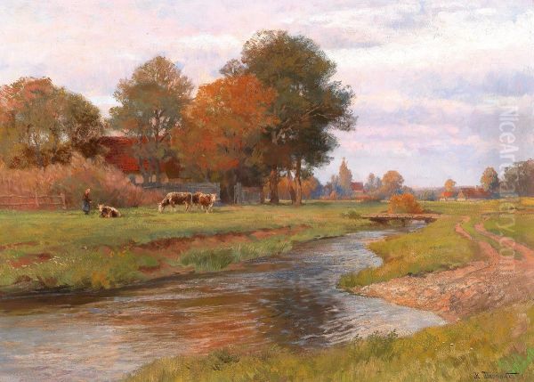 River Landscape with Small Herd of Cows and a Village in the background - view 1