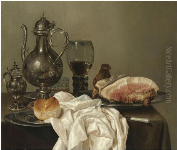 Still life with tazza, silver pot, roemer, glass of beer, four pewter plates with bread and ham on a green tablecloth - view 1