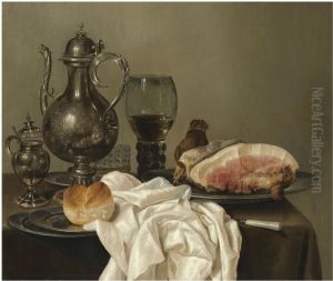 Still life with tazza, silver pot, roemer, glass of beer, four pewter plates with bread and ham on a green tablecloth by Willem Claesz. Heda