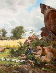 A girl guarding geese on the island of Bornholm. by Carl Frederik Aagaard