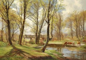 A spring day in the woods with two boys fishing from a bridge. To the right some cows. by Carl Frederik Aagaard