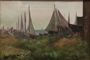 Fishing village with sailing ships. by Carl Frederik Aagaard