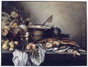 Stilleven met vruchten, vissen en een kat
