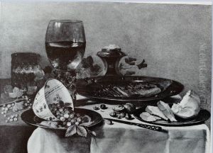 Still life with roemer, fish, and porcelain cup of strawberries by Pieter Claesz