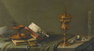 Still life of a skull, covered beaker and other objects on a table (Vanitas) by Pieter Claesz