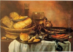 Still life of a basket of cheese and fish by Pieter Claesz